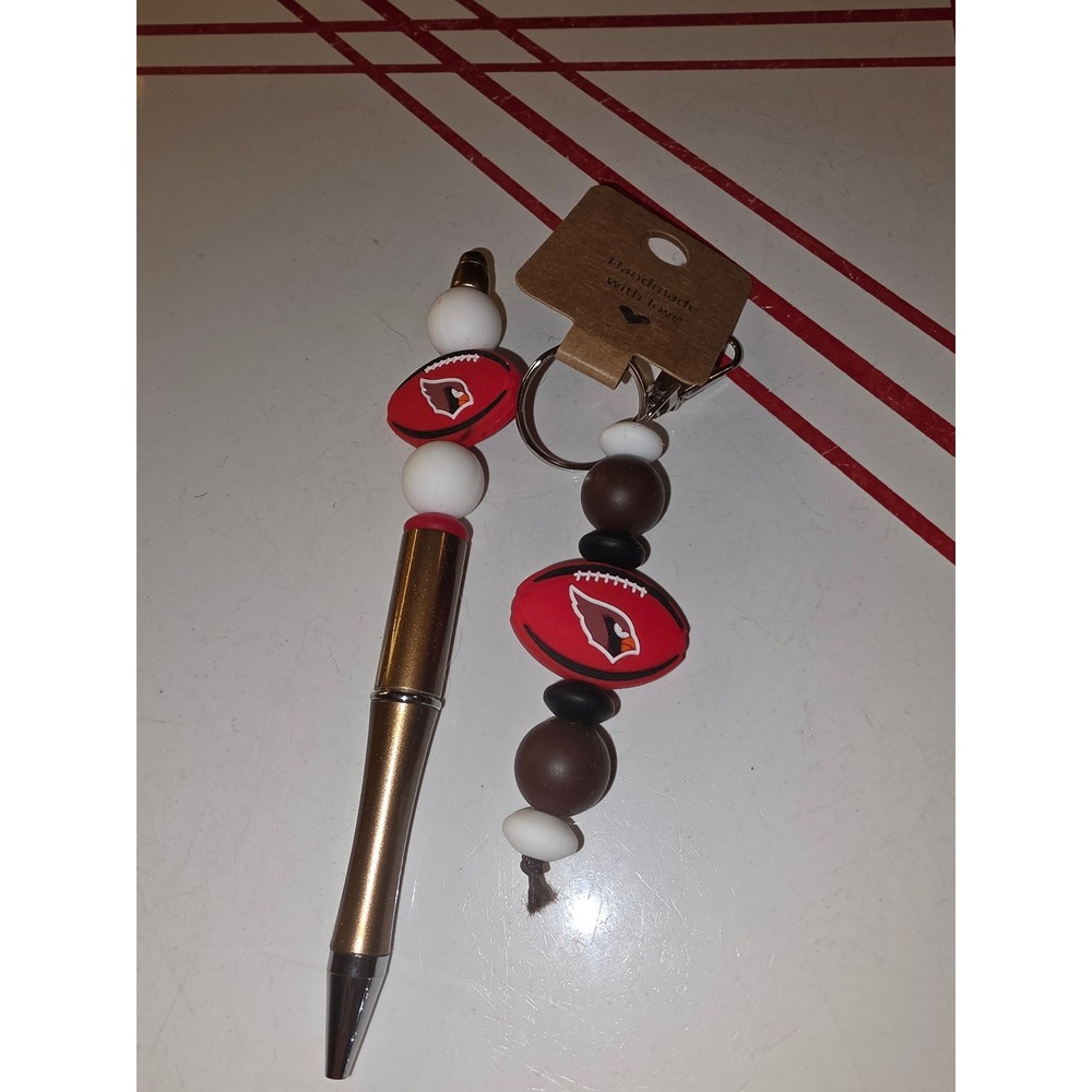Handmade Arizona Cardinals Beaded Pen and Keychain Set NFL Football Red White